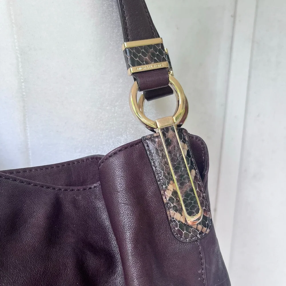 Michael Kors Matilda Brown Leather Shoulder Bag Python Embossed Accents Gold (T)
